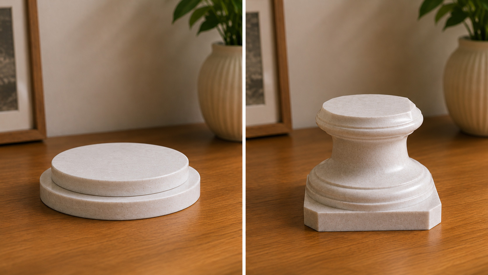 StonifyMe bases — a round standard base and a classical pedestal base